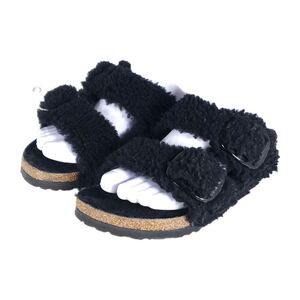 BIRKENSTOCK Women Arizona Big Buckle 37 US6 Black Teddy Shearling Slide Sandals